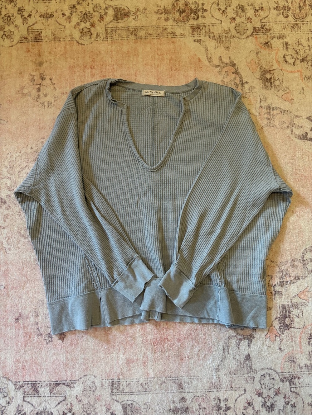 Free people thermal waffle knit deep v-neck boxy long sleeve with distressed hem